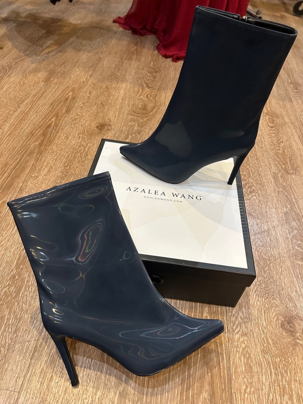 Azalea Wang Navy Pointed-Toe Patent Stiletto Boots